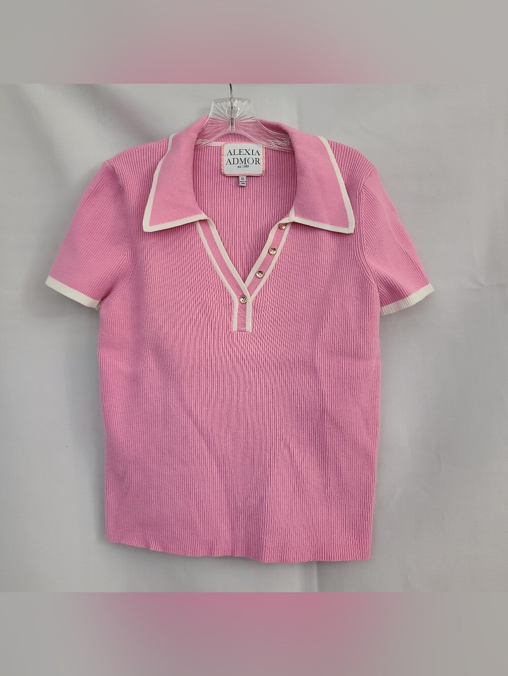 Alexia Admor Sz XL Pink White Trim Preppy Office Work Knit Stretchy Polo Top